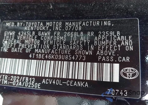 2009 Toyota Camry Le from USA, damaged, VIN 4T1BE46K09U854773